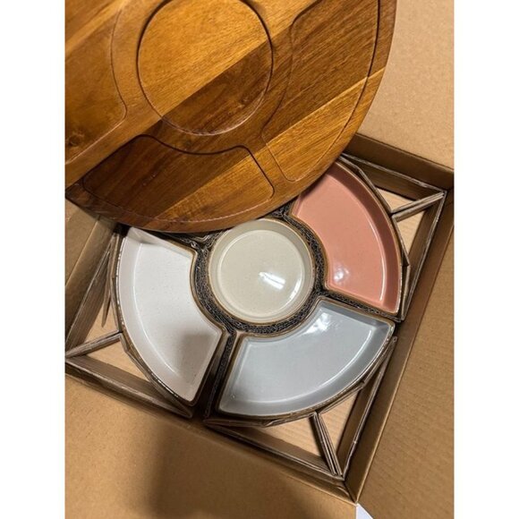 over&back Options Lazy Susan, 6-piece Stoneware and Acacia Wood Serverware - Picture 4 of 6